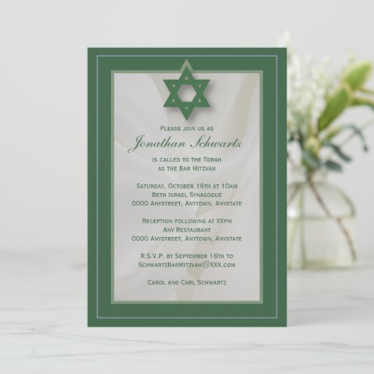 Elegant Fabric Bar Mitzvah Uitnodiging in Groen (Staand voorkant)