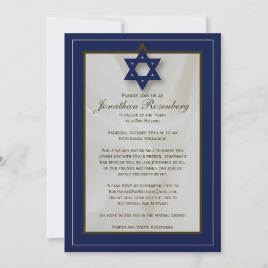 Elegant Fabric Zoom Bar Mitzvah Invitation in Navy Kaart (Voorkant)