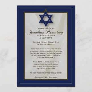 Elegant Fabric Zoom Bar Mitzvah Invitation in Navy Kaart