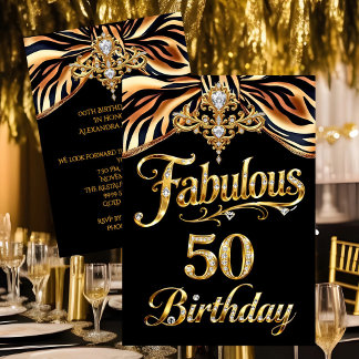 Elegant Fabulous 50 Birthday Black Gold Zebra Bow Kaart