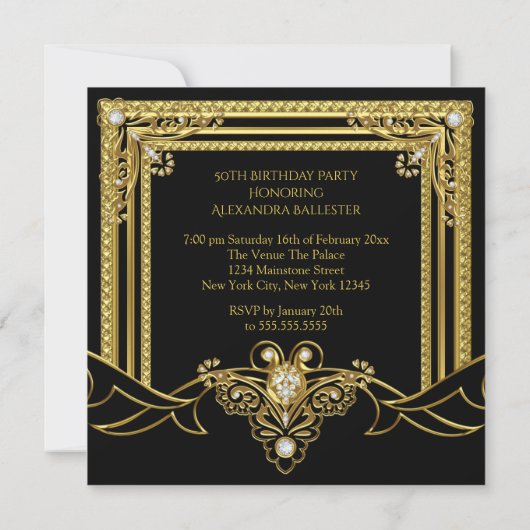 Elegant Fabulous Gold Jewel Black Birthday Party Kaart (Achterkant)