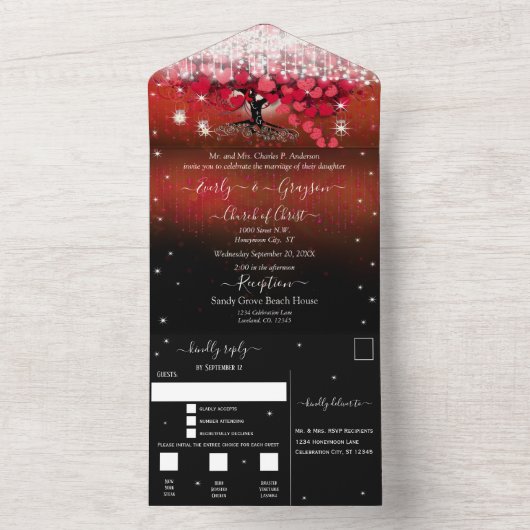 Elegant Fairy Lights Red Heart Leaf Tree Weddensch All In One Uitnodiging (Binnen)