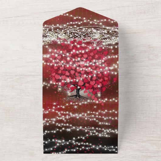 Elegant Fairy Lights Red Heart Leaf Tree Weddensch All In One Uitnodiging (Buitenkant)