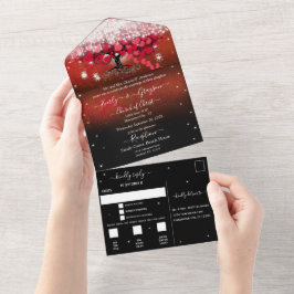 Elegant Fairy Lights Red Heart Leaf Tree Weddensch All In One Uitnodiging