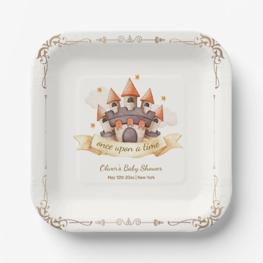 Elegant Fairytale Prince Castle Baby Shower Papieren Bordje (Voorkant)