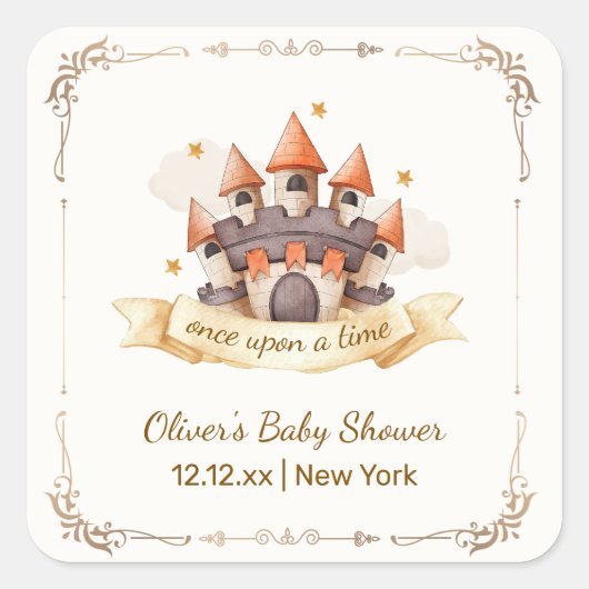 Elegant Fairytale Prince Castle Baby Shower Vierkante Sticker (Voorkant)