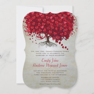 Elegant Fairytale Red Heart Leaf Tree Weddenschap Kaart