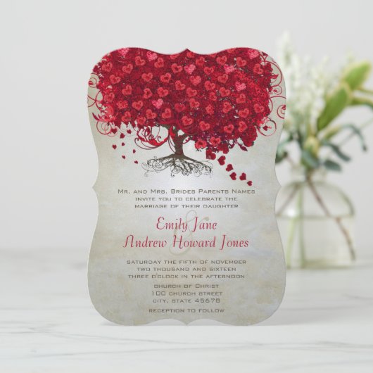 Elegant Fairytale Red Heart Leaf Tree Weddenschap Kaart (Staand voorkant)