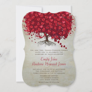 Elegant Fairytale Red Heart Leaf Tree Weddenschap Kaart