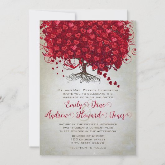 Elegant Fairytale Red Heart Leaf Tree Weddenschap Kaart (Voorkant)