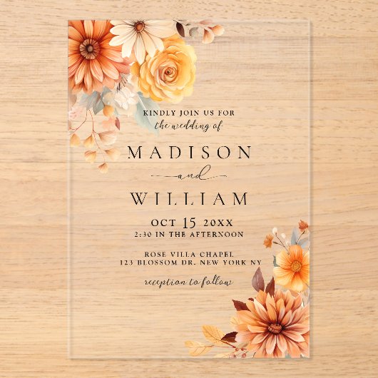 Elegant Fall Daisy Floral Wedding Acryl Uitnodigingen (Voorkant)