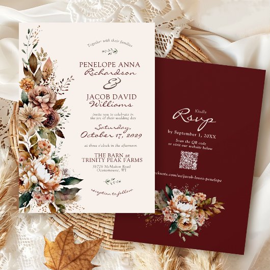 Elegant Fall Floral Burgundy Boho Autumn Wedding Kaart