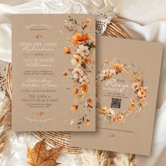 Elegant Fall Floral Rustic Kraft Autumn QR Wedding Kaart