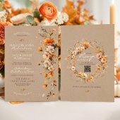 Elegant Fall Floral Rustic Kraft Autumn QR Wedding Kaart