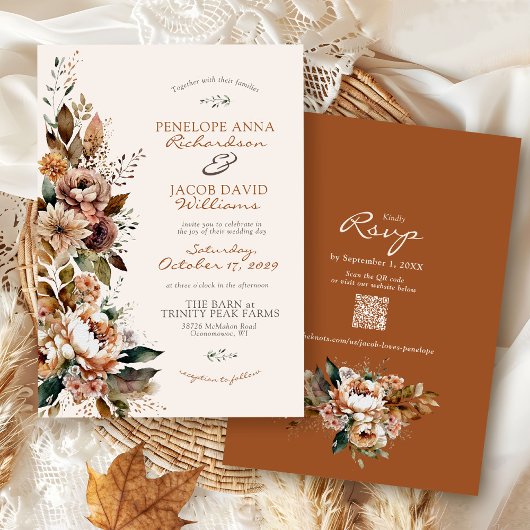 Elegant Fall Floral Terracotta Boho Autumn Wedding Kaart