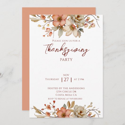 Elegant Fall Floral Thanksgiving Party  Kaart (Voorkant / Achterkant)
