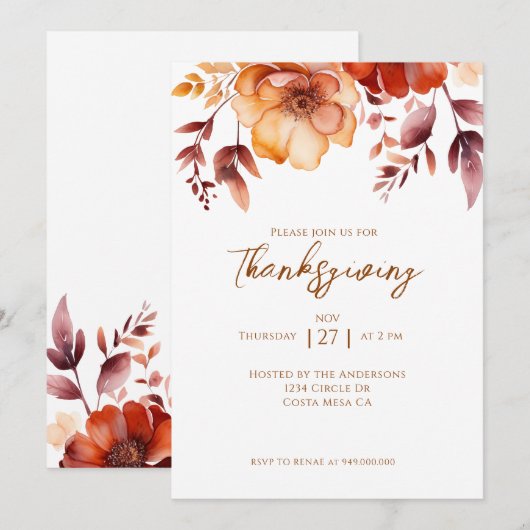 Elegant Fall Floral Thanksgiving Party  Kaart (Voorkant / Achterkant)