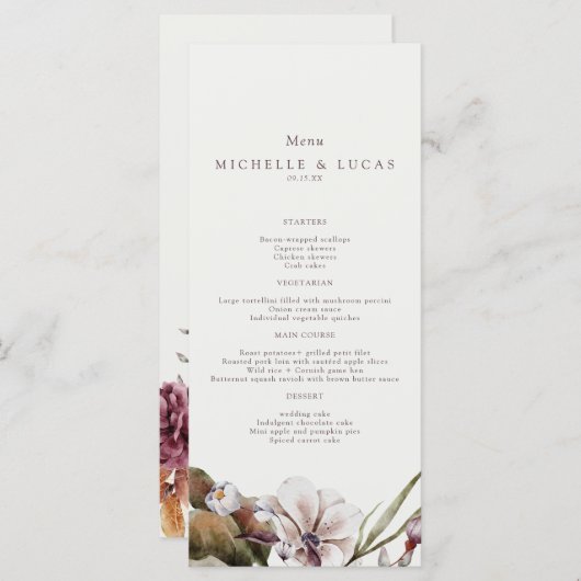 Elegant Fall Floral Wedding  Menu (Voorkant / Achterkant)