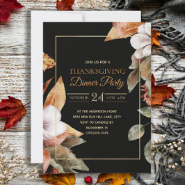 Elegant Fall Leaves Black Thanksgiving Dinner Kaart