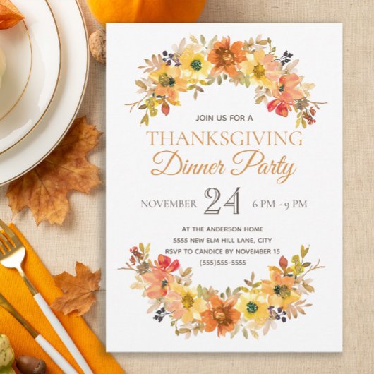 Elegant Fall Leaves Floral Thanksgiving Dinner Kaart