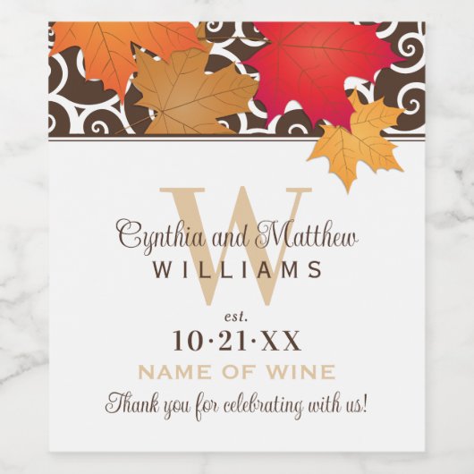 Elegant Fall Leaves Wedding Monogram Wijn Etiket (Enkel label)