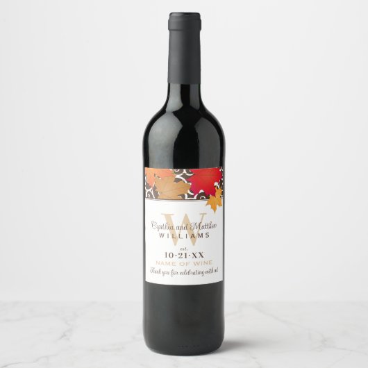 Elegant Fall Leaves Wedding Monogram Wijn Etiket (Voorkant)
