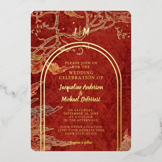 Elegant Fall leves Red Gold Foil Moderne Arch Folie Uitnodiging (Voorkant)