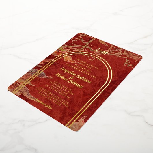Elegant Fall leves Red Gold Foil Moderne Arch Folie Uitnodiging (Gedraaid)