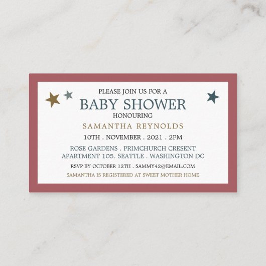 Elegant Falling Stars, Baby shower Ticket Informatiekaartje (Achterkant)