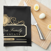 Elegant Familie Huis Monogram Goud Zwart Keuken Theedoek (Quarter Fold)