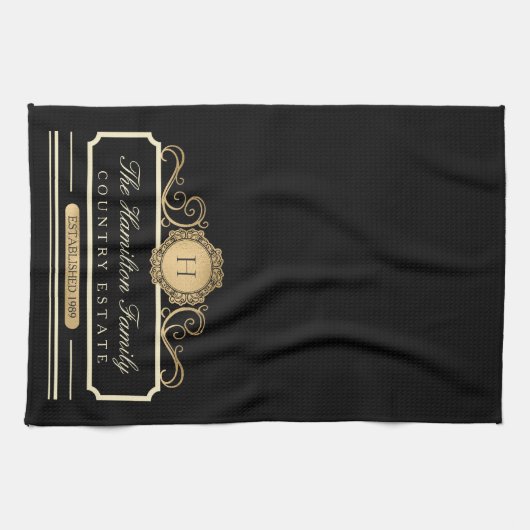Elegant Familie Huis Monogram Goud Zwart Keuken Theedoek (Horizontaal)