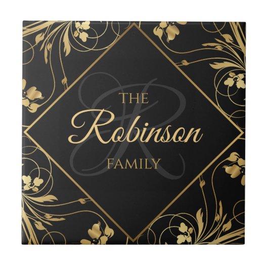 Elegant Familienaam Monogram Black en Gold Floral Tegeltje (Voorkant)