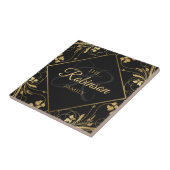 Elegant Familienaam Monogram Black en Gold Floral Tegeltje (Zijkant)
