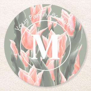 Elegant familienaam Monogram Peach Tulips Painting Ronde Kartonnen Onderzetter