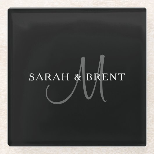 Elegant familienaammonogram | Zwart, Grijs & Wit Glazen Onderzetter (Voorkant)