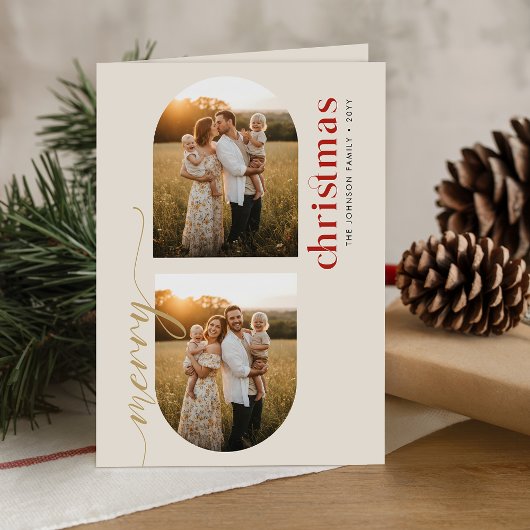 Elegant Family Christmas 3 Photo Arch Folded Feestdagen Kaart