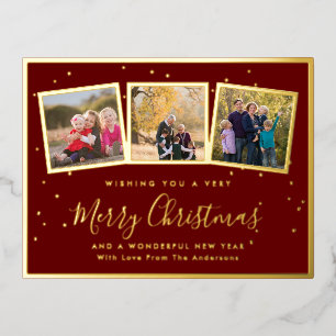 Elegant Family Foto Collage Merry kerstrood Folie Feestdagen Briefkaart