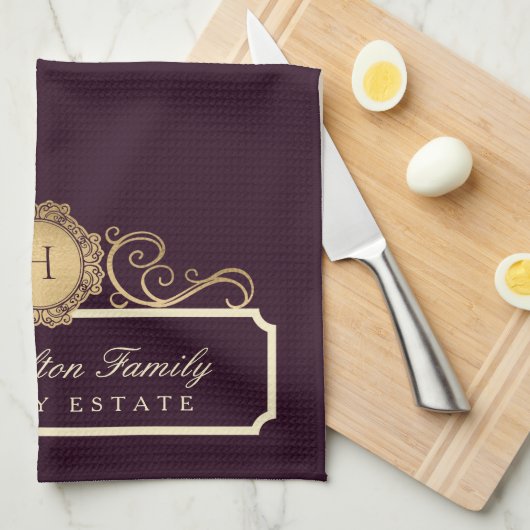 Elegant Family Home Monogram Burgundy Plum Wine Theedoek (Quarter Fold)