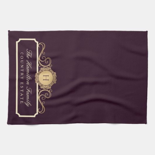 Elegant Family Home Monogram Burgundy Plum Wine Theedoek (Horizontaal)