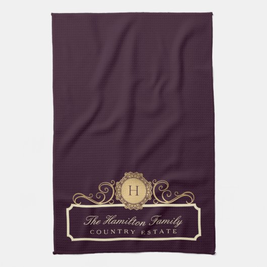 Elegant Family Home Monogram Burgundy Plum Wine Theedoek (Verticaal)