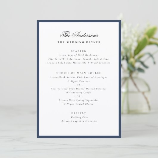 Elegant Family Name Blue Frame Wedding Dinner Menu (Staand voorkant)