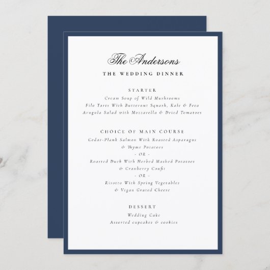 Elegant Family Name Blue Frame Wedding Dinner Menu (Voorkant / Achterkant)