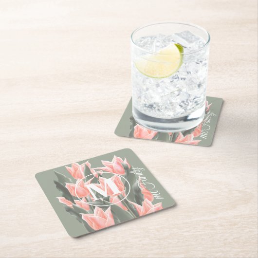 Elegant Family Name Monogram Peach Tulips Painting Kartonnen Onderzetters (Insitu)