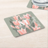 Elegant Family Name Monogram Peach Tulips Painting Kartonnen Onderzetters (Schuin)