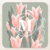 Elegant Family Name Monogram Peach Tulips Painting Kartonnen Onderzetters (Voorkant)