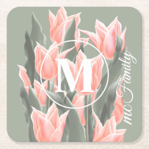 Elegant Family Name Monogram Peach Tulips Painting Kartonnen Onderzetters