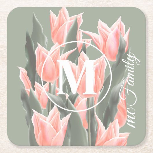 Elegant Family Name Monogram Peach Tulips Painting Kartonnen Onderzetters (Voorkant)
