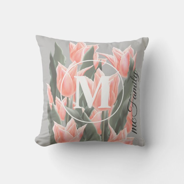 Elegant Family Name Monogram Peach Tulips Painting Kussen (Voorkant)