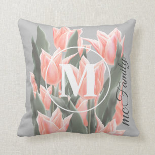 Elegant Family Name Monogram Peach Tulips Painting Kussen