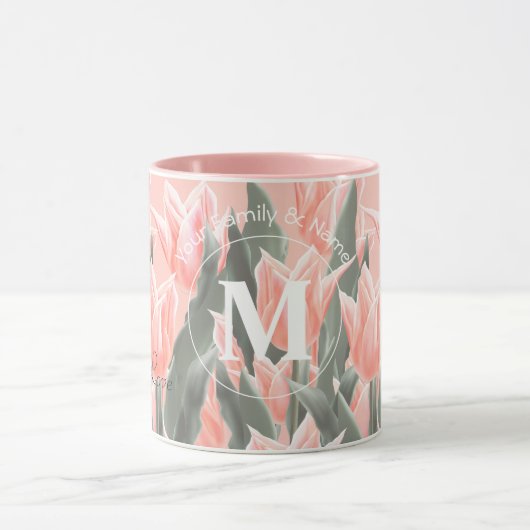 Elegant Family Name Monogram Peach Tulips Painting Mok (Midden)